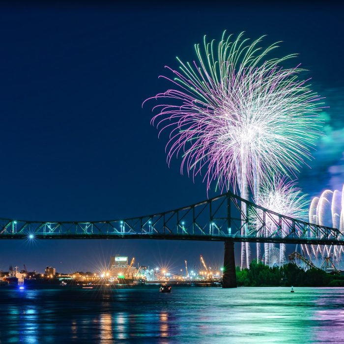Display of fireworks over a bridge